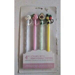 4-Count Reusable Straws Removable Toppers CLOUD AVOCADO STRAWBERRY CHERRY NEW